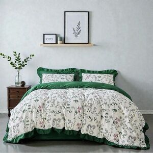 NEW Anthro Green Ruffle Floral Cotton Boho Queen / King Bedding Duvet & Sham Set